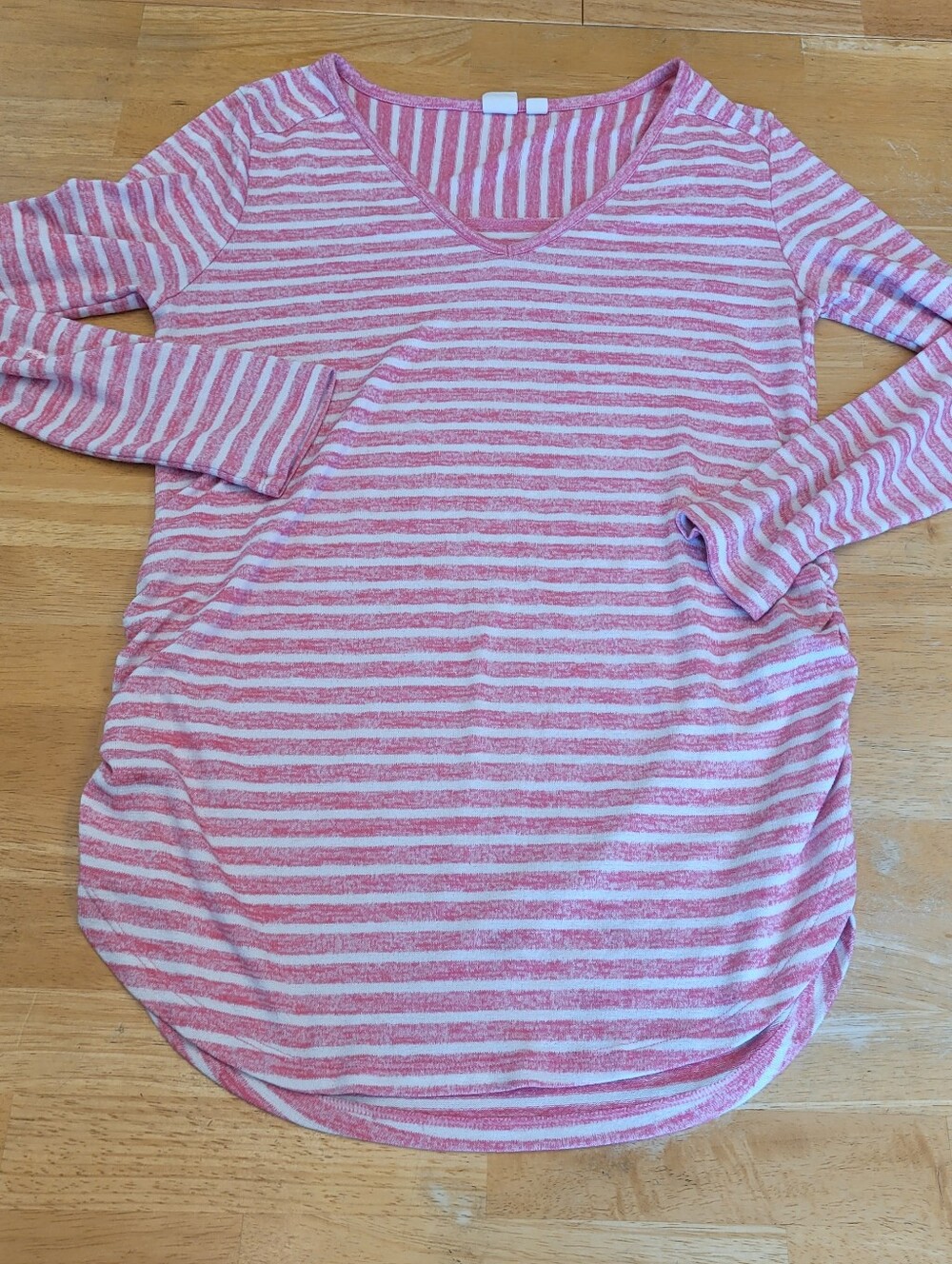 Gap Maternity Shirt Pink White Striped Top Long Sleeve Tee Ruched Sides Small